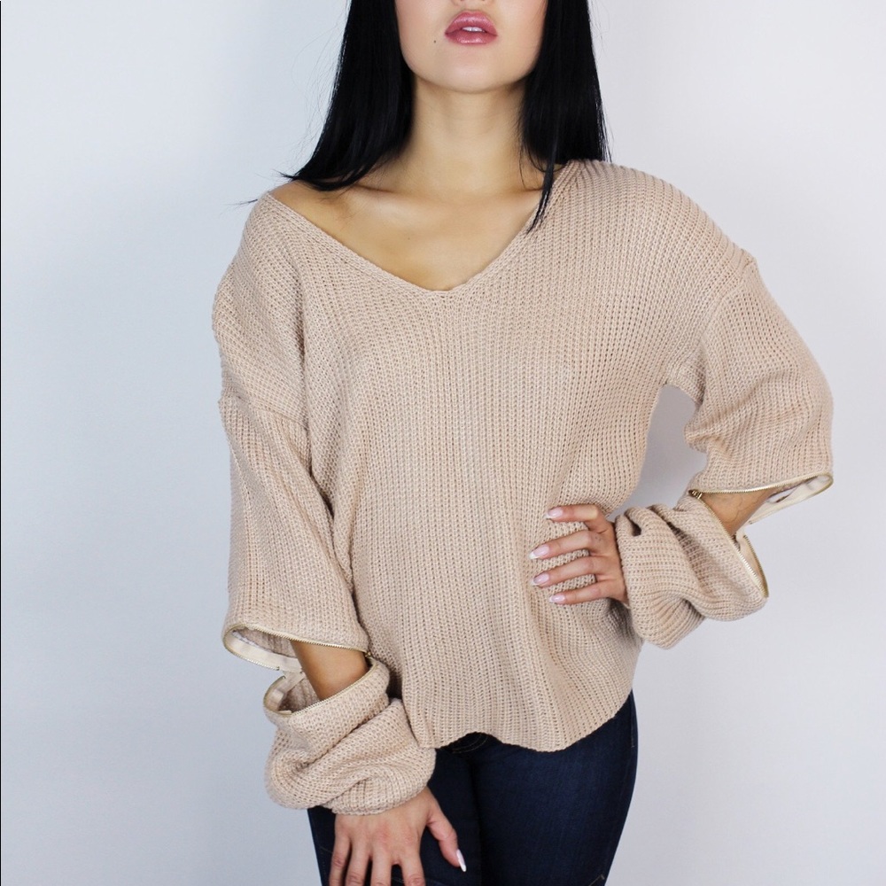 Zipper Arms Sweater -Cappuccino